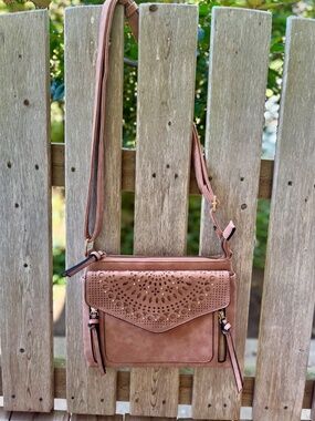 Maurices Crossbody Bag, Vegan Suede, Laser-Cut, Gold Beads & Zipper Detailing